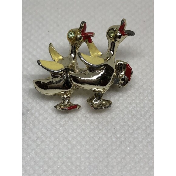 VTG Gold Tone Green Rhinestone Enameled Ducks Scatter Pin Brooch - Picture 6 of 12